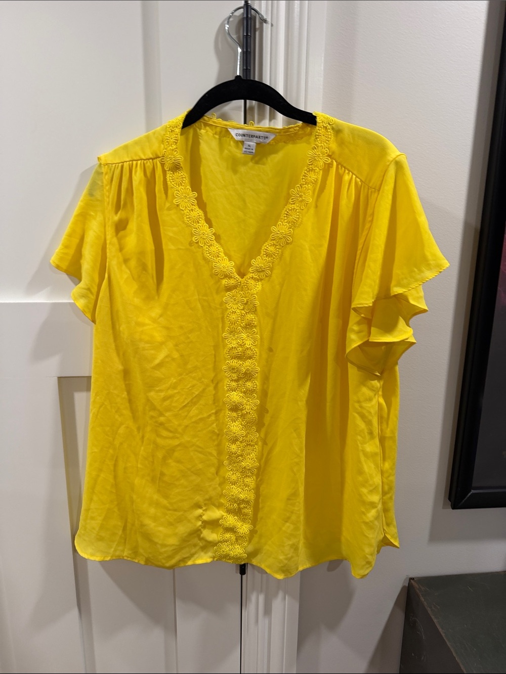 Counterparts Bright Yellow V-Neck Floral-Trim Blouse